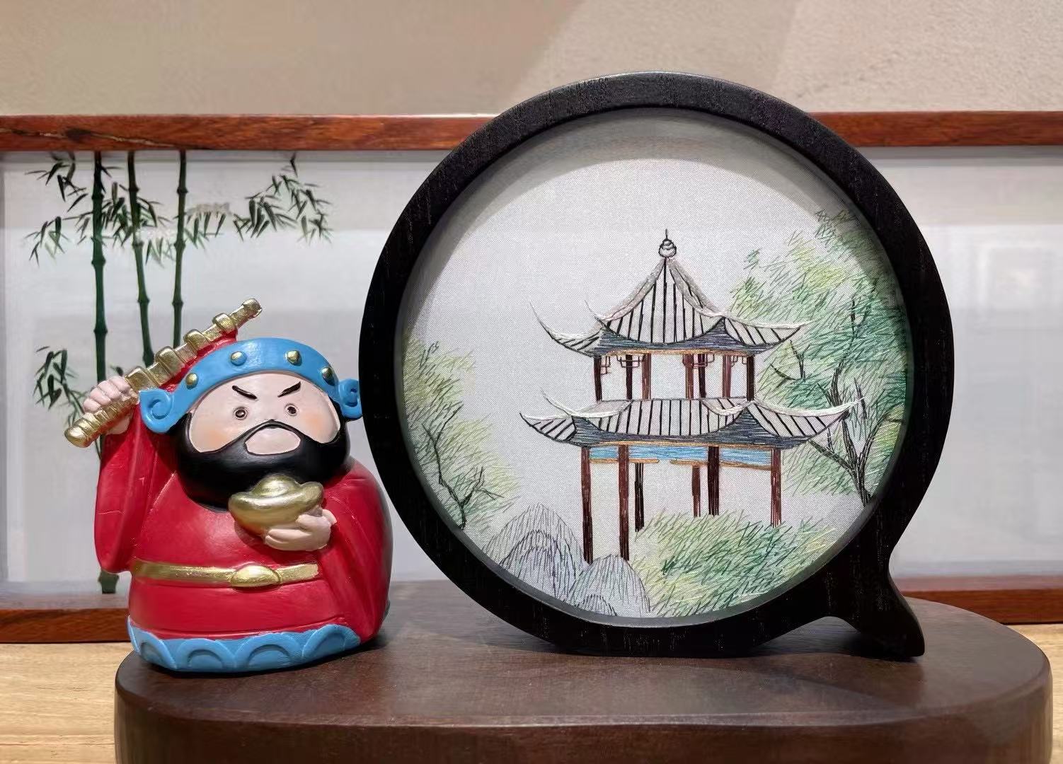 Pavilion Garden Round Silk Embroidery Table Screen by Luma & Silk