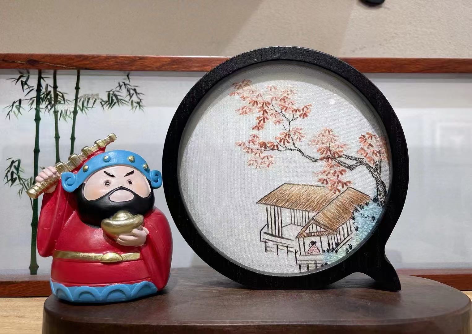 Maple Pavilion Round Silk Embroidery Table Screen by Luma & Silk