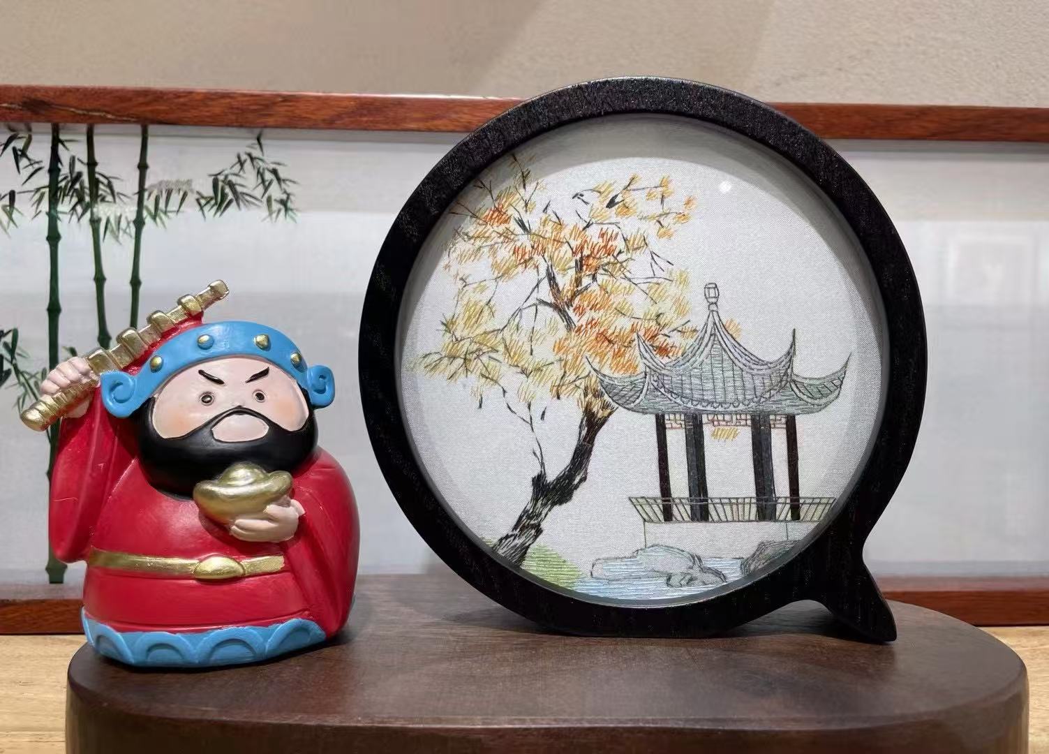 Autumn Pavilion Round Silk Embroidery Table Screen by Luma & Silk