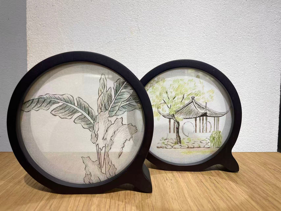 Goat and Pavilion Double Round Silk Embroidery Table Screen Set