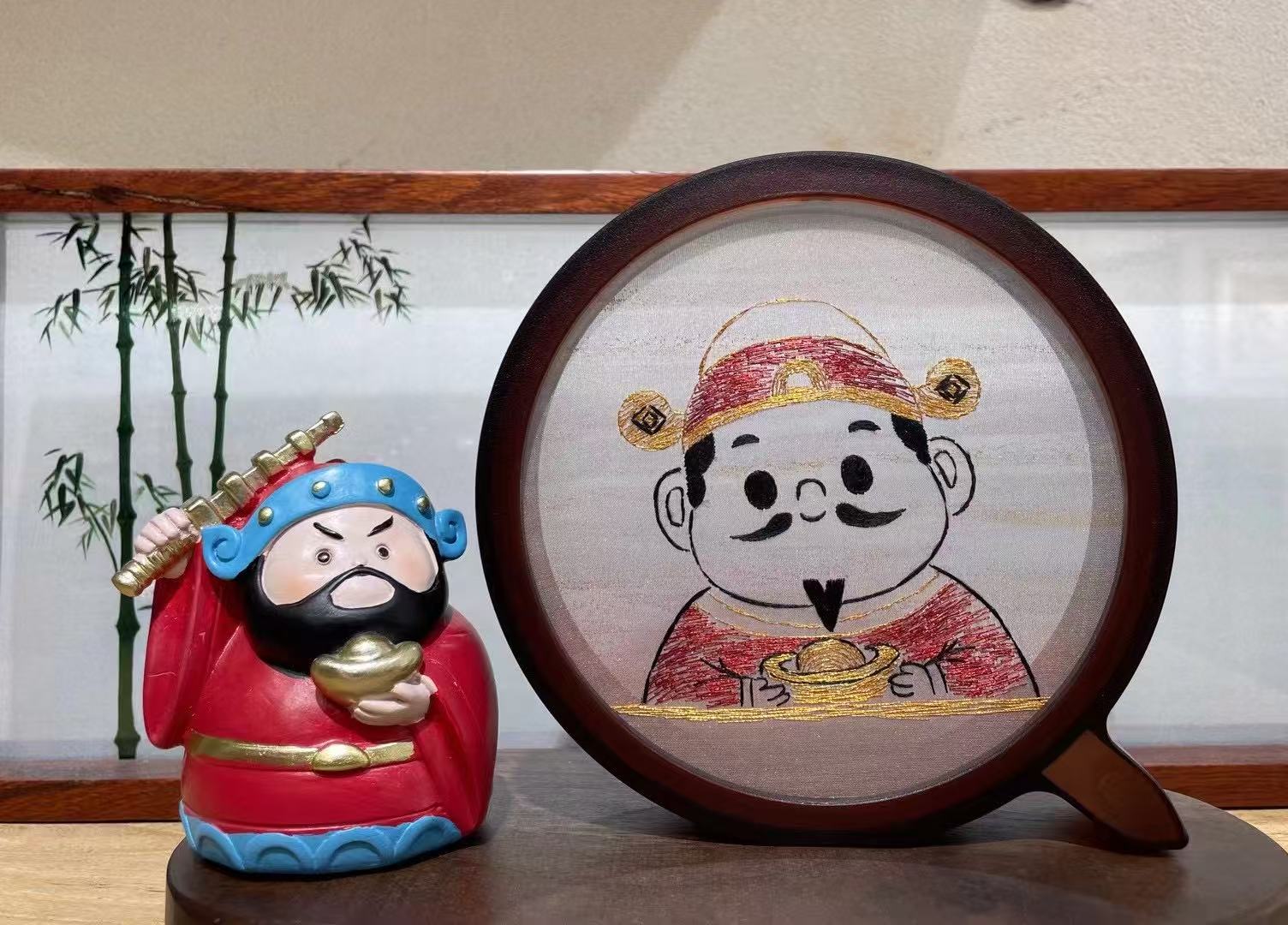 God of Wealth Round Silk Embroidery Table Screen by Luma & Silk
