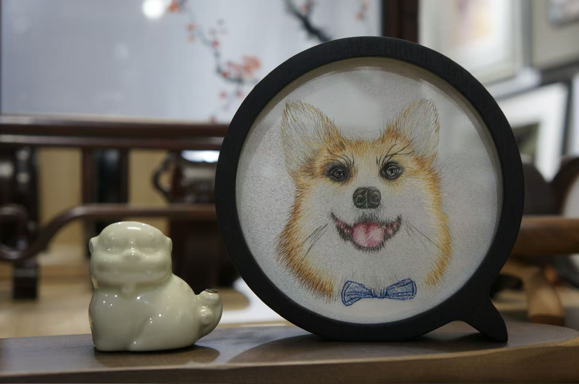 Corgi Portrait Round Silk Embroidery Table Screen by Luma & Silk