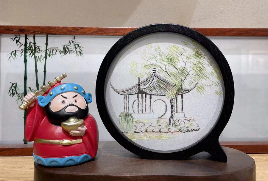 Willow Pavilion Round Silk Embroidery Table Screen