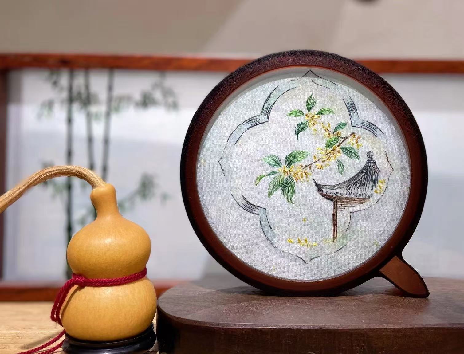 Bird and Blossom Round Silk Embroidery Table Screen by Luma & Silk