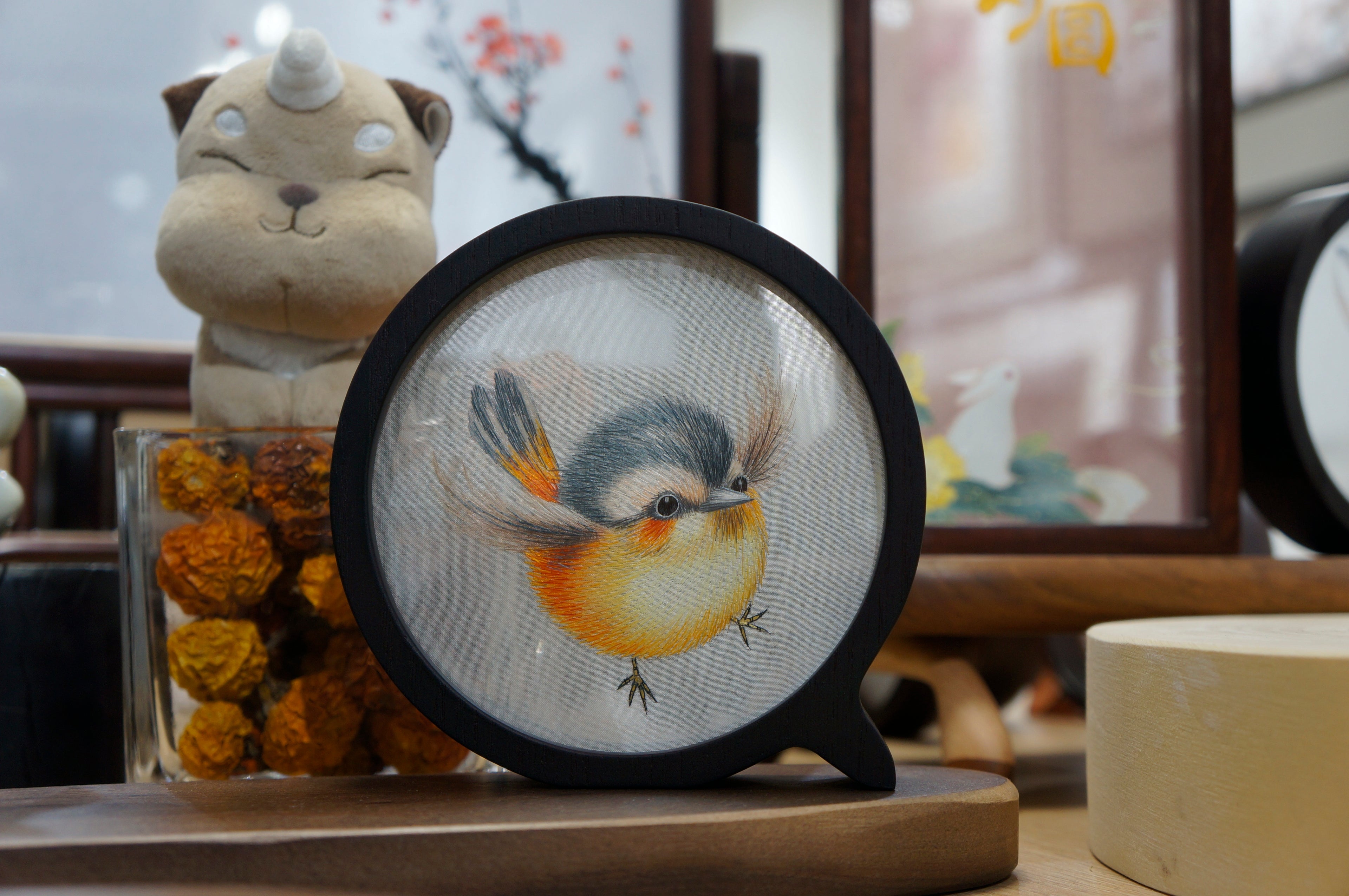 Small Bird Portrait Round Silk Embroidery Table Screen by Luma & Silk