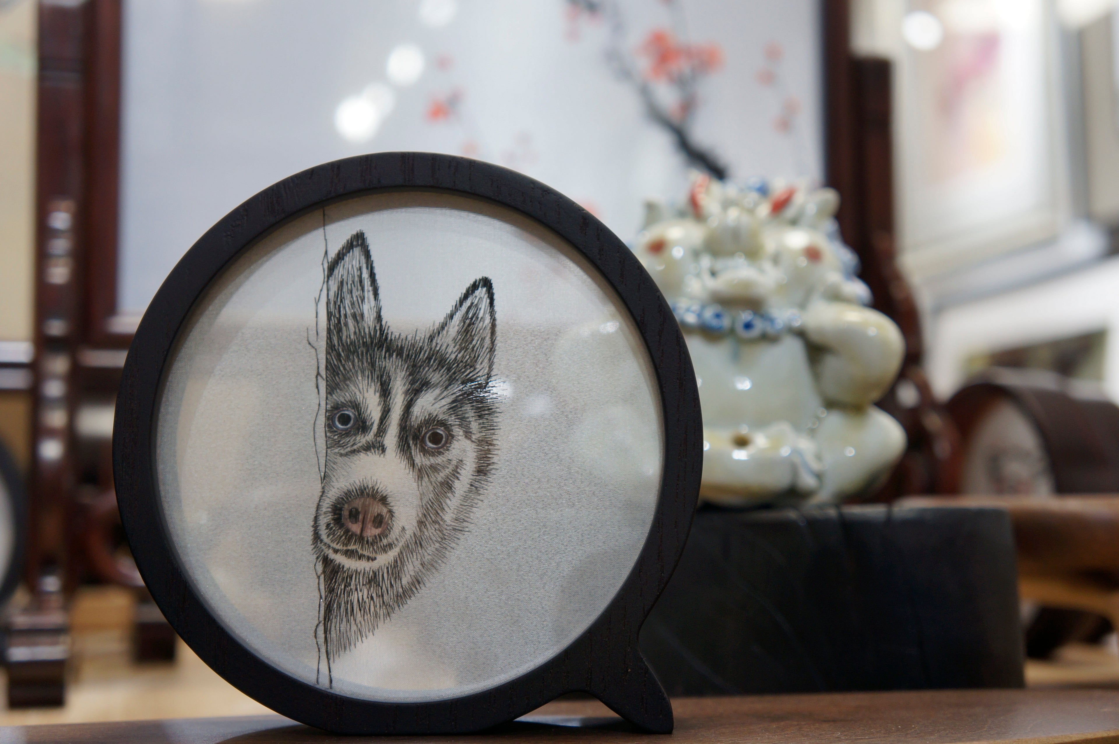 German Shepherd Portrait Round Silk Embroidery Table Screen by Luma & Silk