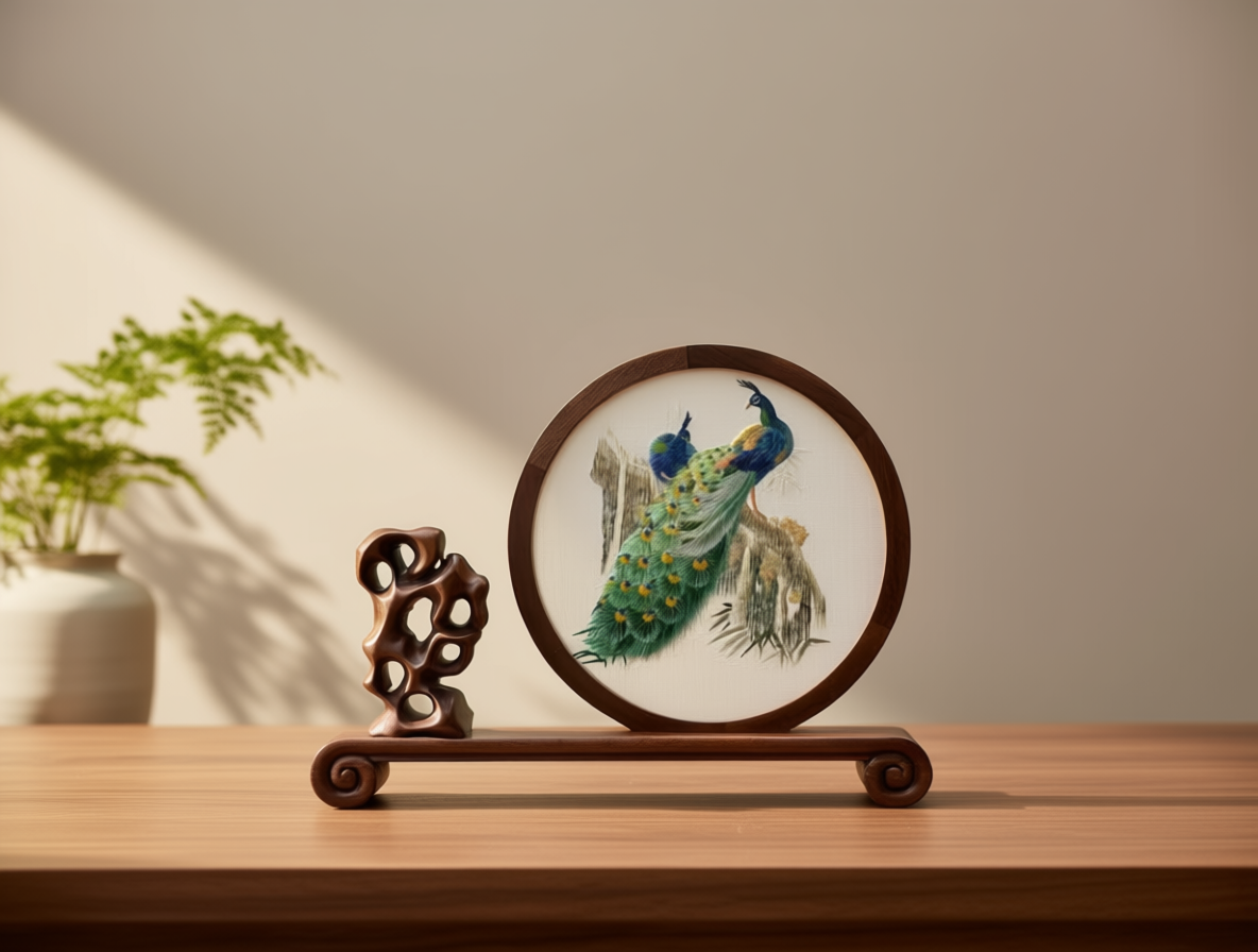 20cm Double-Sided Peacock Silk Embroidery Table Screen