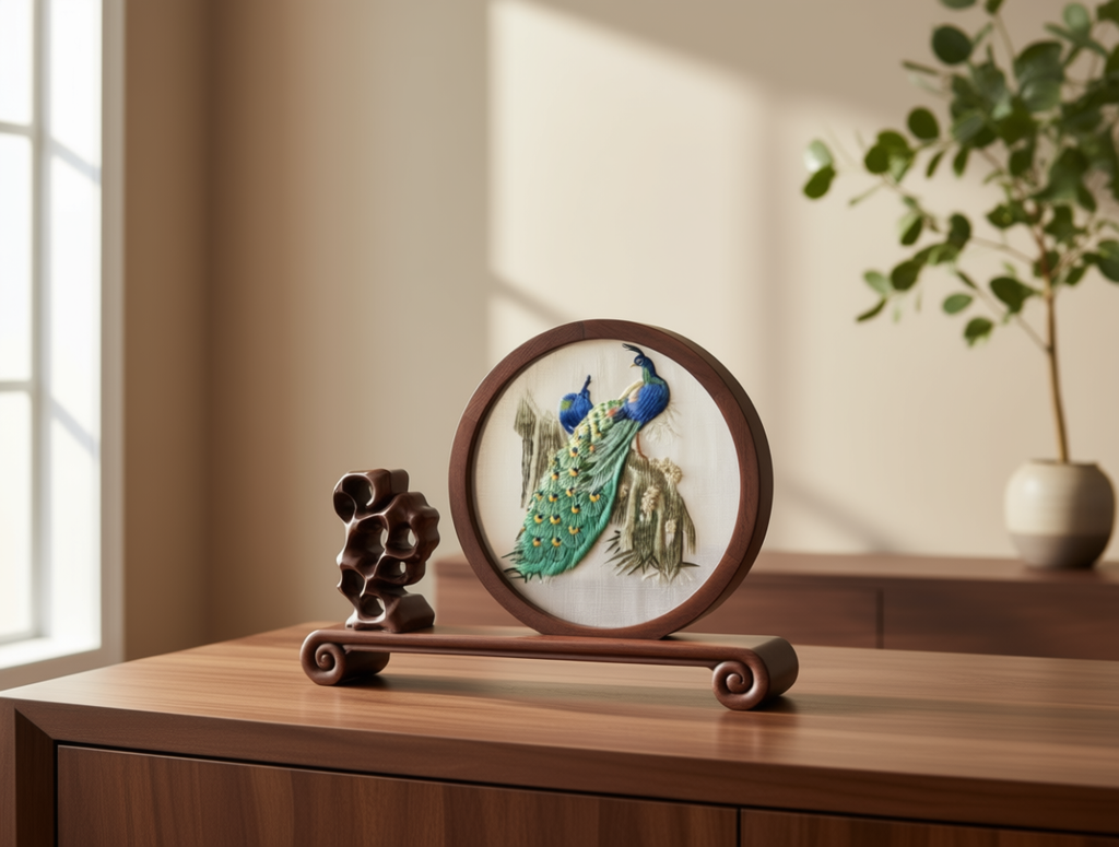20cm Double-Sided Peacock Silk Embroidery Table Screen