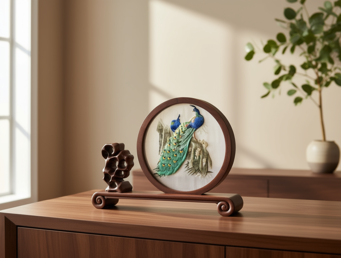 20cm Double-Sided Peacock Silk Embroidery Table Screen